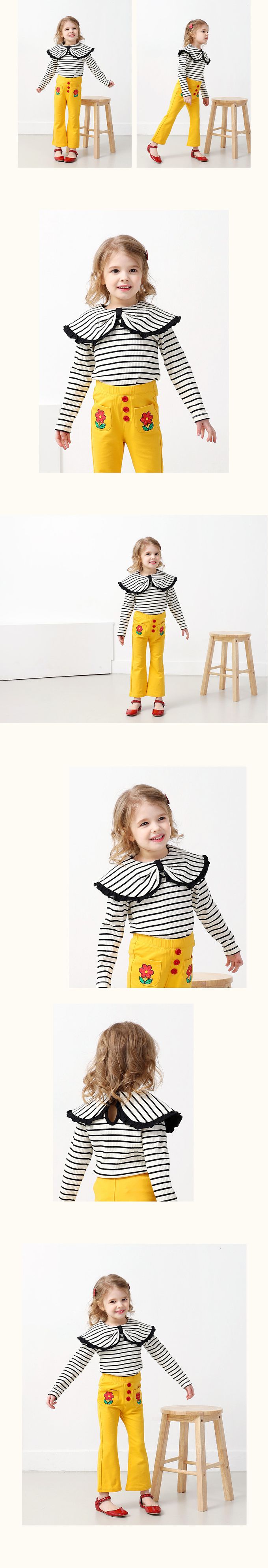 韓國 WALTON kids - 蝴蝶領條紋長袖上衣-黑