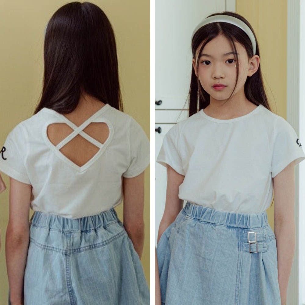 愛心鏤空挖背短袖上衣-白