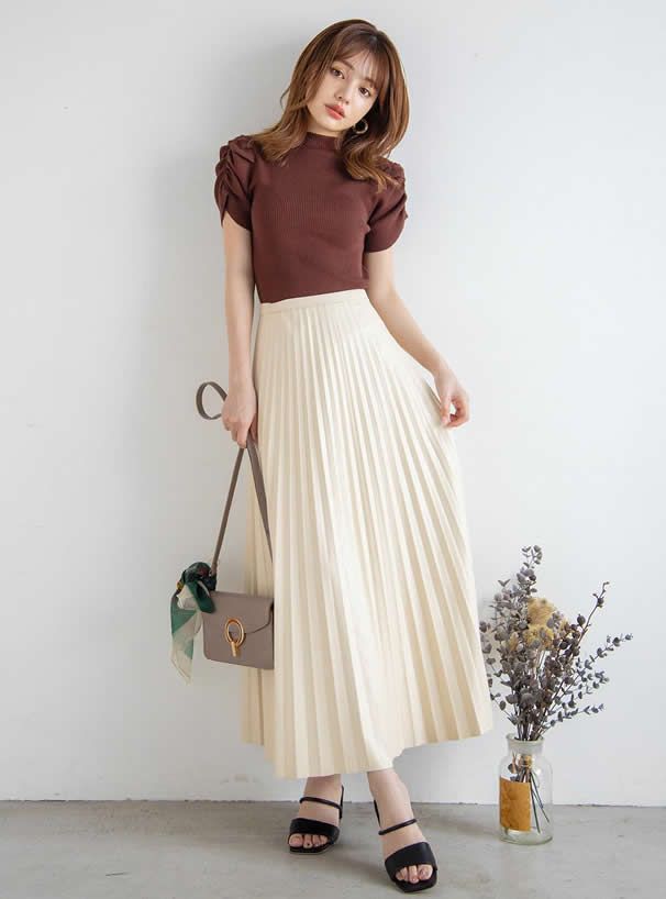 日本 GRL - 光澤皮質百褶長裙-深咖啡