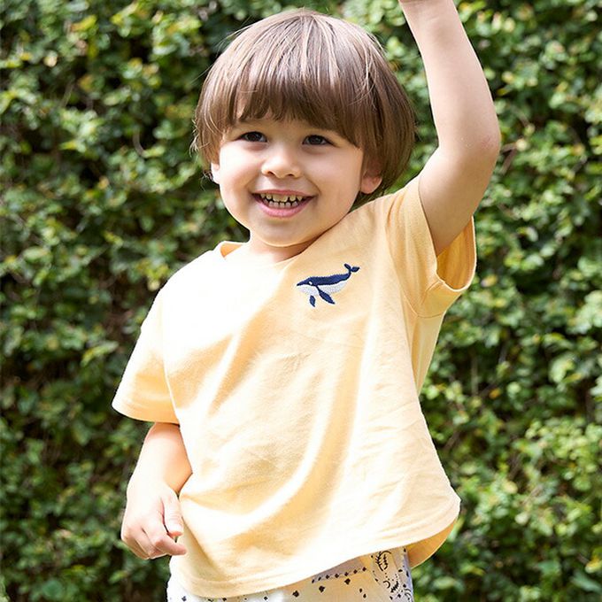 日本 petit main - [低價]接觸冷感 刺繡短袖上衣-火箭-靛藍