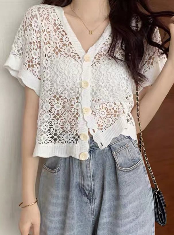 日本 GRL - 花朵鉤針V領薄外套-米杏