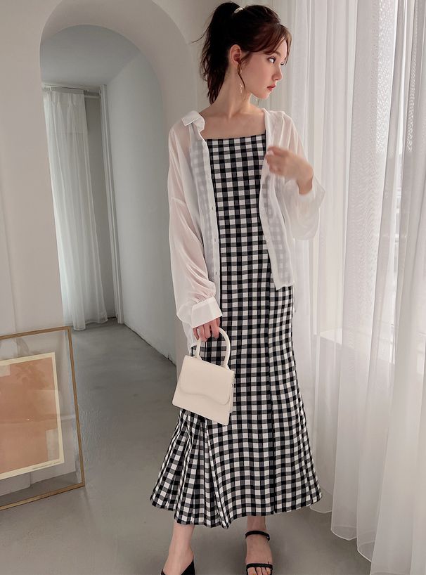 日本 GRL - 甜美收腰格紋吊帶裙-時尚黑