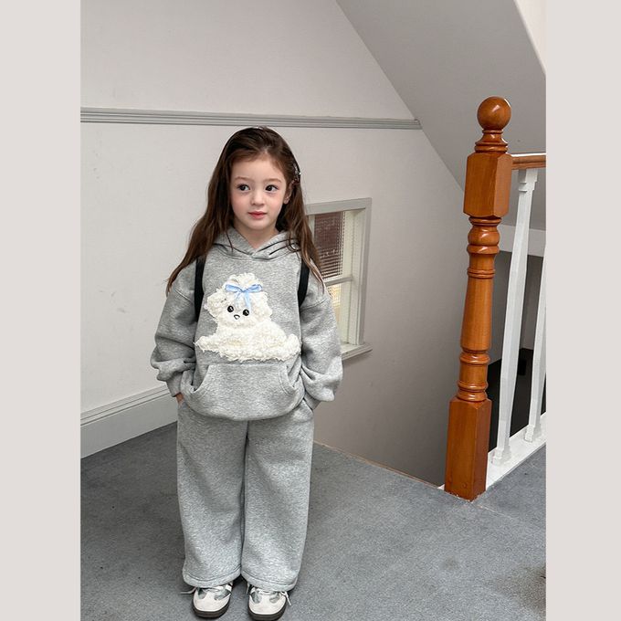 韓版立體捲毛小狗連帽衛衣運動褲套裝