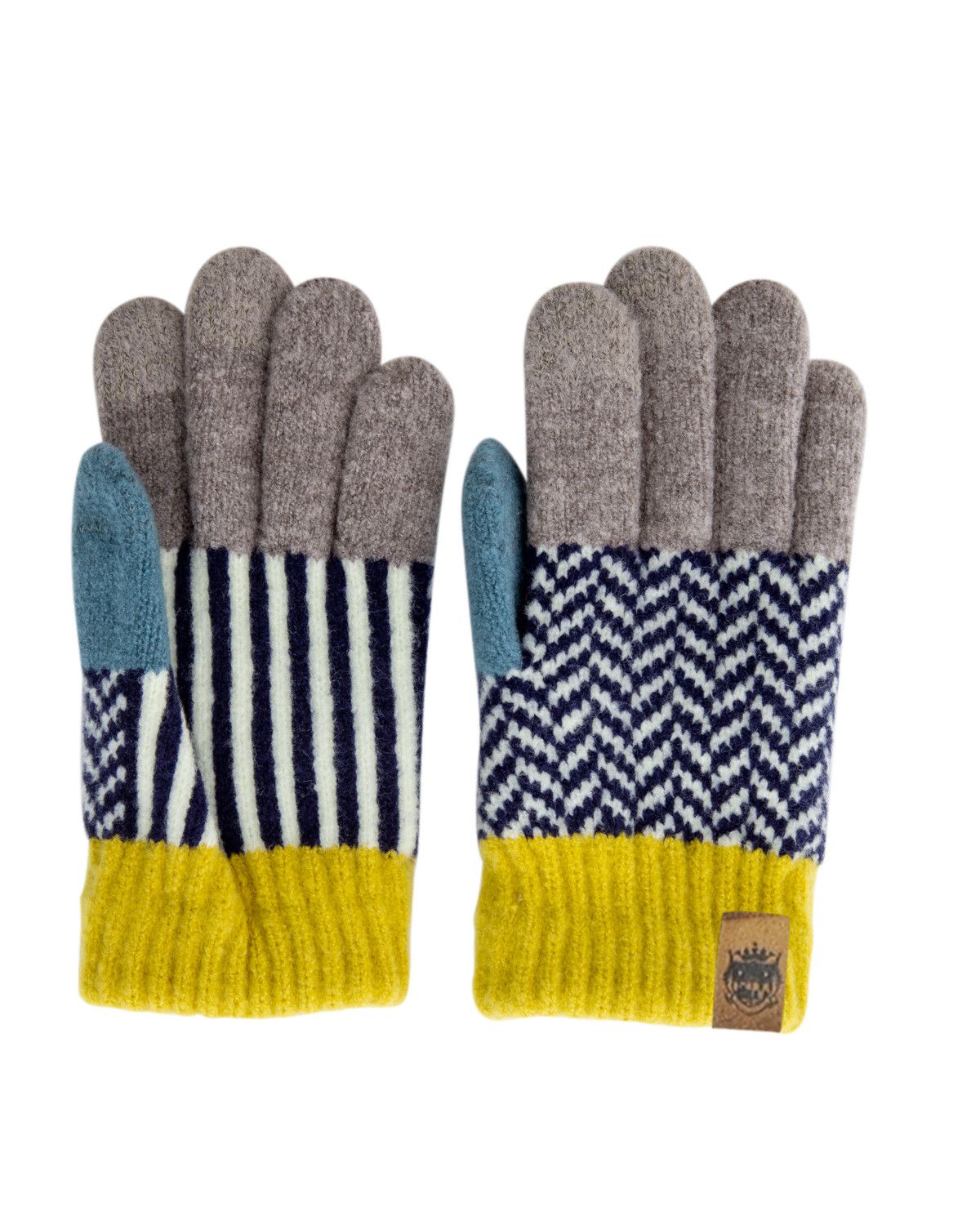 日本 BISQUE - 日本製質感小孩併指手套-圖騰-灰藍黃 (5-10y)