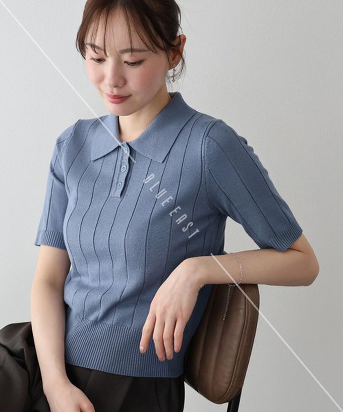 日本 BLUE EAST - 都會氣息寬羅紋針織短袖polo衫-粉紅