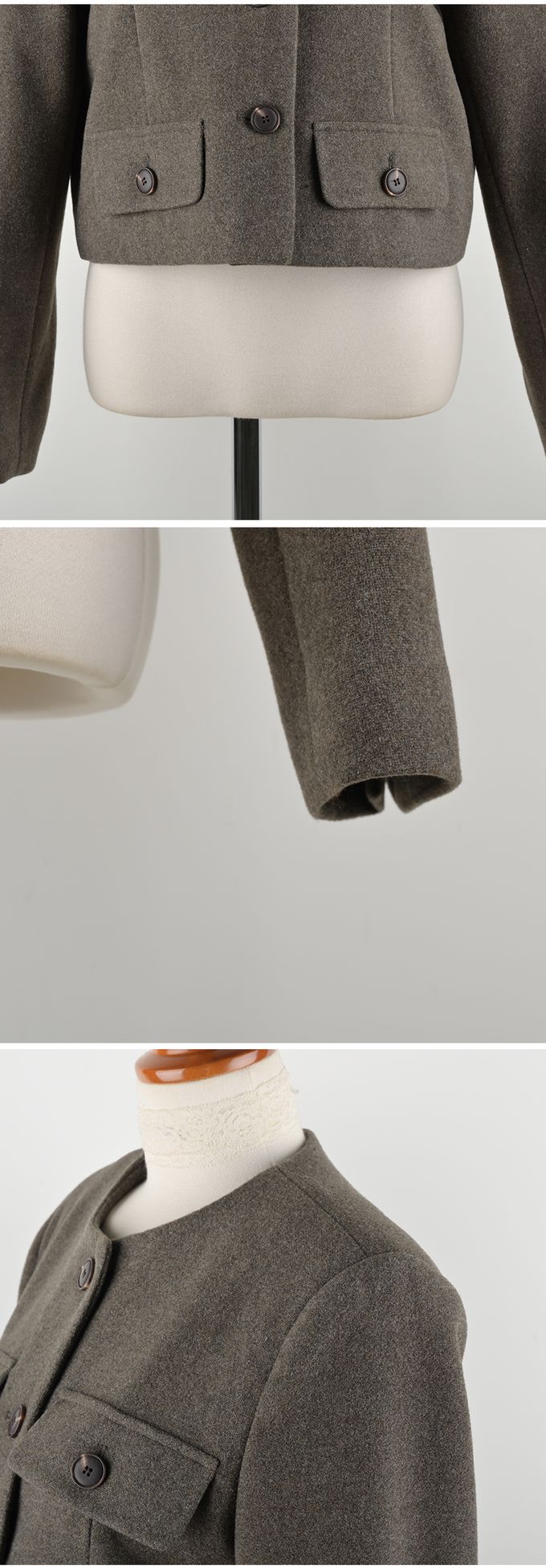 韓國 Urbantheroom - 高質感排釦無領短版夾克-卡其灰 (Free)