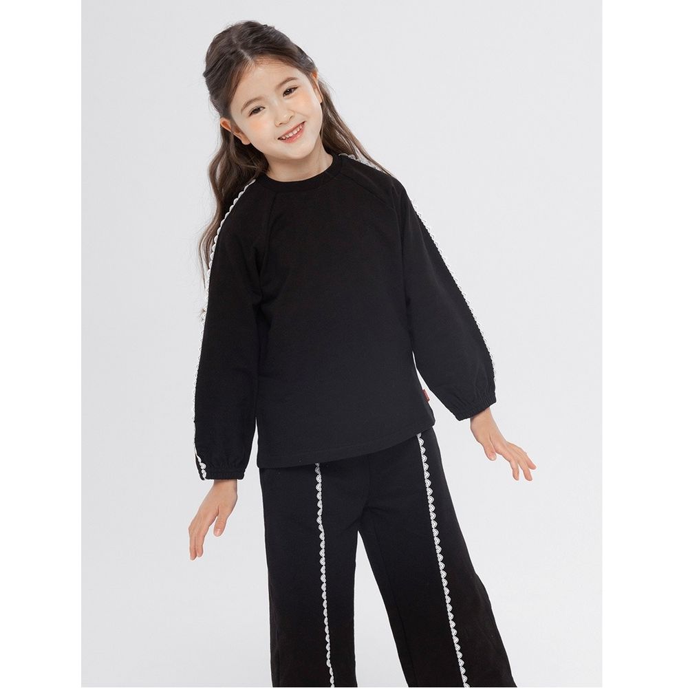 蕾絲繡鑲邊裝飾休閒長袖套裝-黑