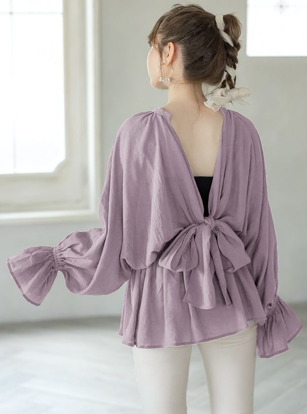 日本 GRL - 慵懶風美背大蝴蝶結縮腰長袖上衣-時尚黑 (Free)