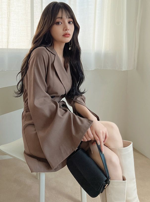 日本 GRL - 英倫風翻領綁帶短版風衣外套-深可可