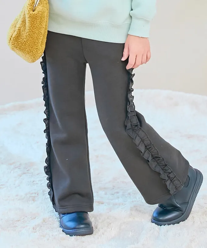 日本 devirock - 可愛設計荷葉邊裏毛長褲-側邊-紫羅蘭