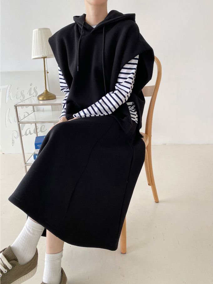 韓國女裝連線 - 休閒風連帽背心長裙套裝-黑 (FREE)
