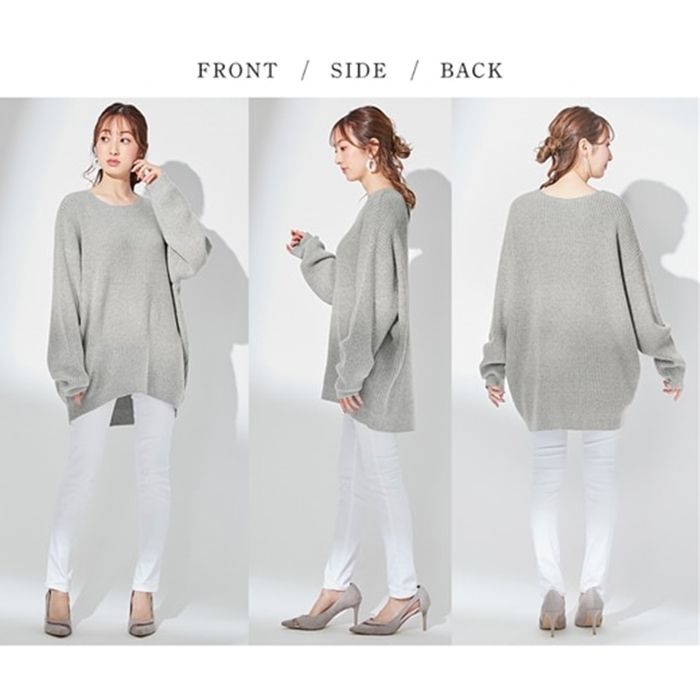 日本 BELLUNA - 羅紋修身慵懶寬鬆毛衣-櫻粉