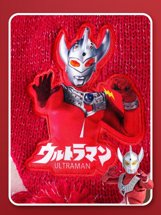 兒童加絨護耳保暖毛帽組-卡通人物超人力霸王-深藍+紅 (建議3歲以上)