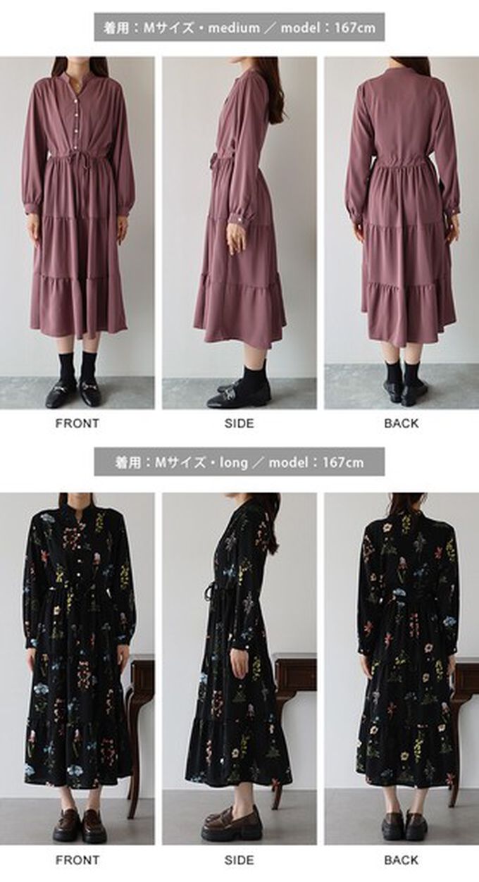 日本 BLUE EAST - [人氣款]簡約抽繩收腰長袖洋裝-古典花-黑