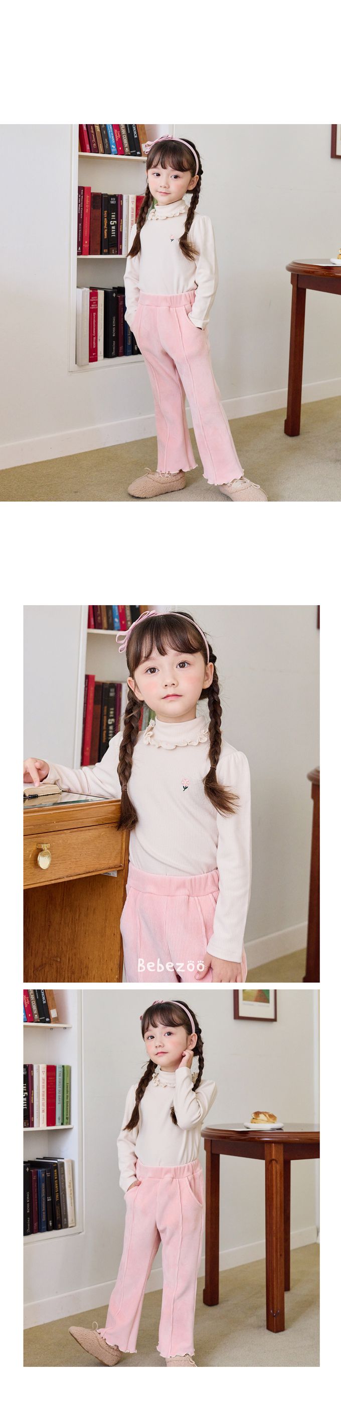 韓國 Bebezoo - 小花刺繡滾邊彈性長袖上衣-奶油白