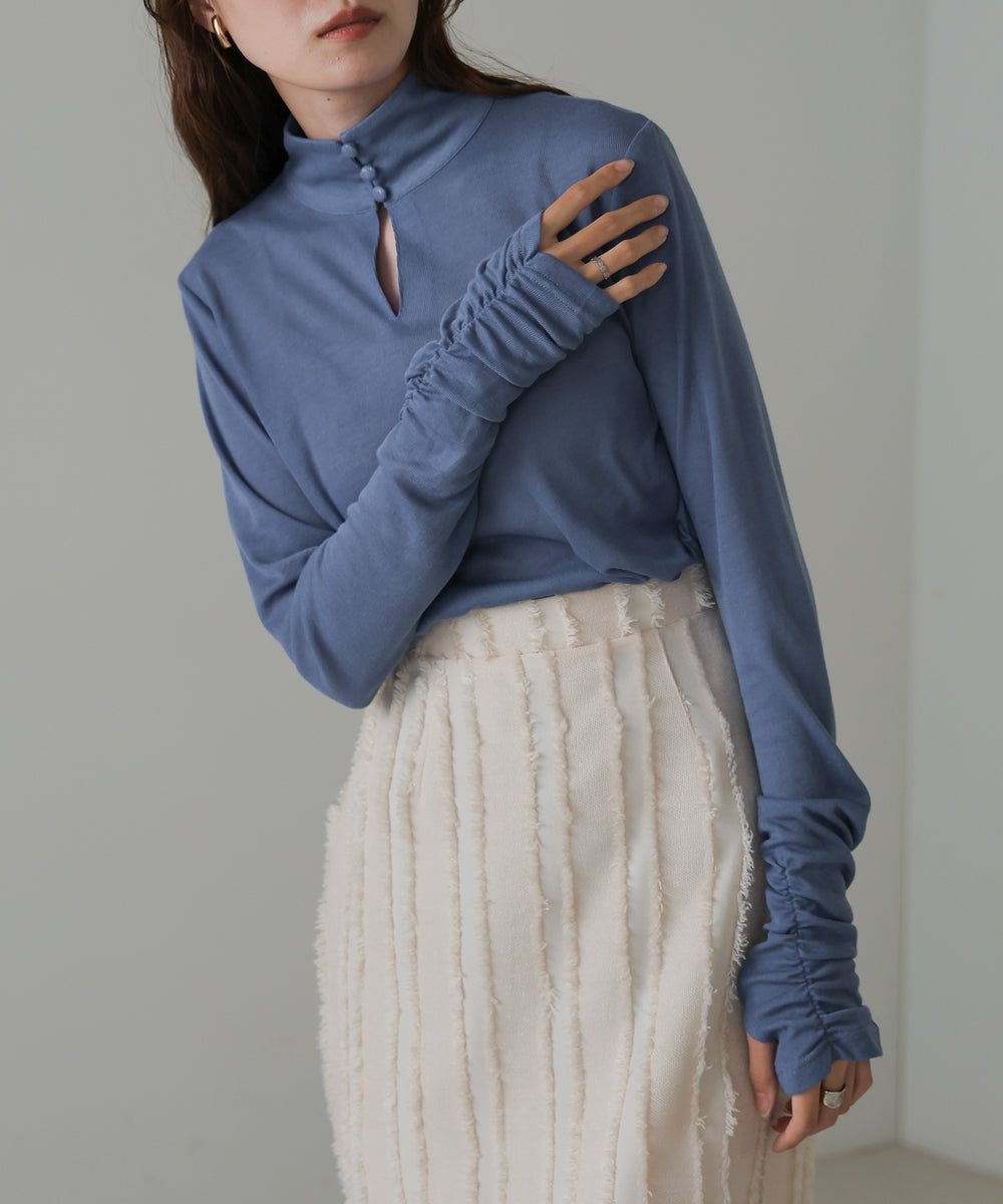 日本 Bab - 2WAY立領排扣薄長袖上衣-淺綠