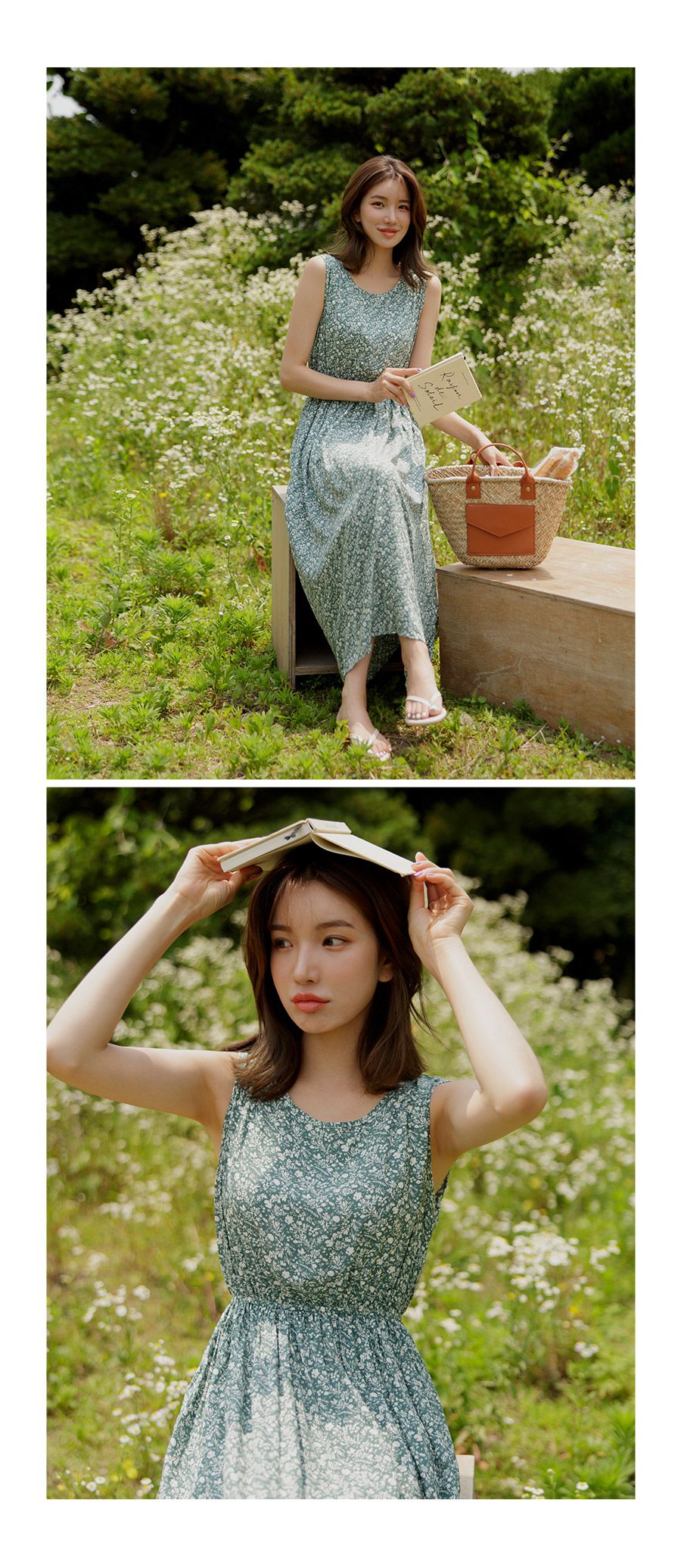 韓國 Urbantheroom - 單色碎花無袖縮腰長洋裝-藍 (Free)