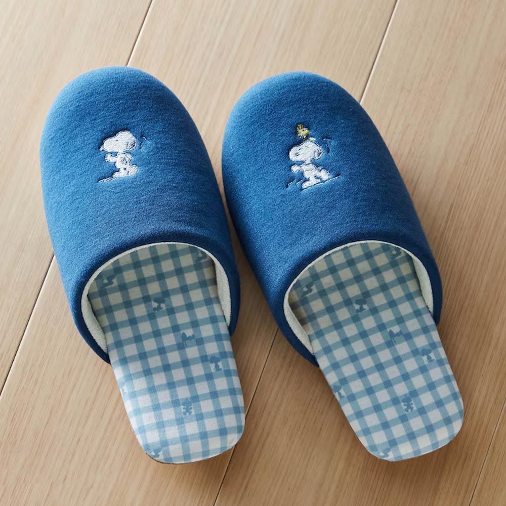 日本千趣會 - 史努比 刺繡圖案室內拖鞋-藍色格紋 (M(22-24cm))