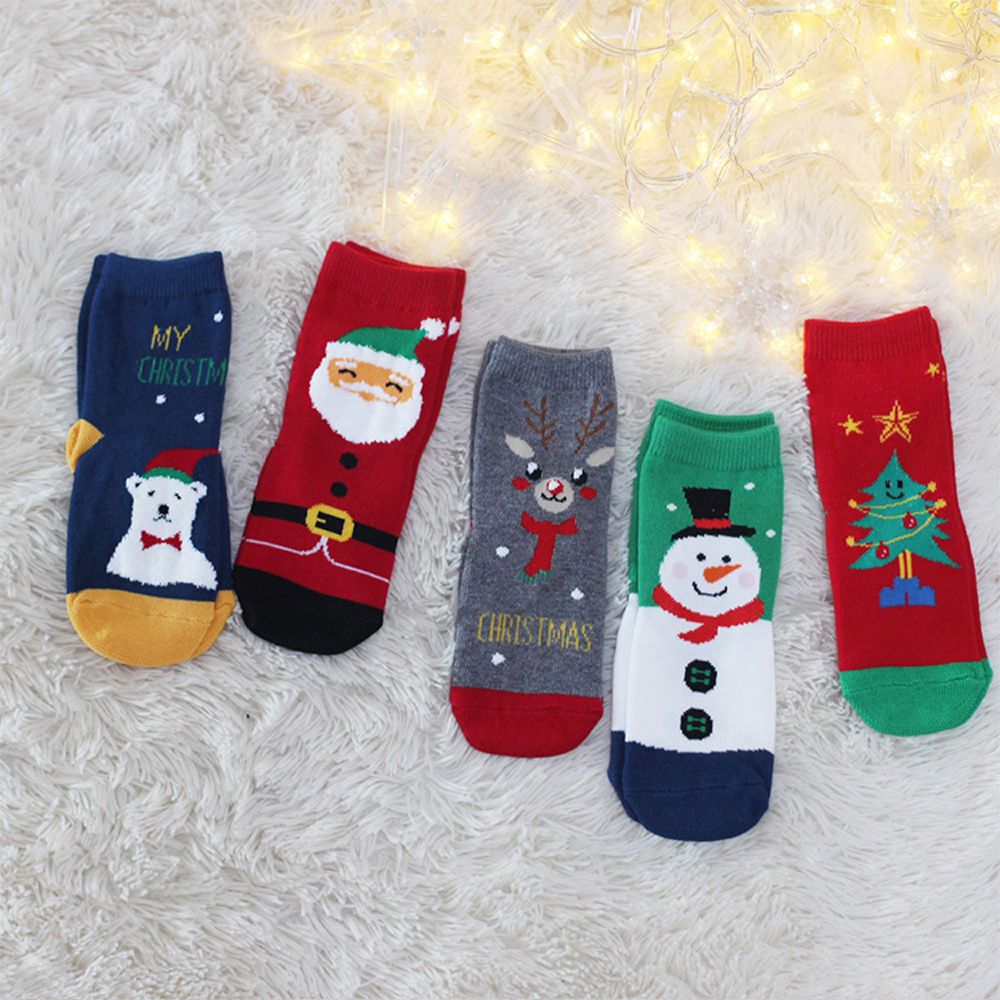 (五入組)韓製兒童中筒襪-動物聖誕節