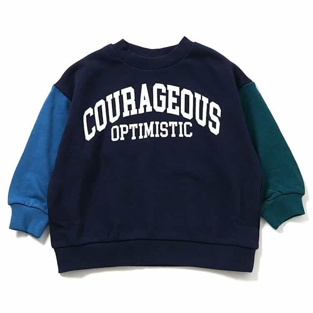 學院風印花縮口長袖上衣-COURAGEOUS-海軍藍撞色