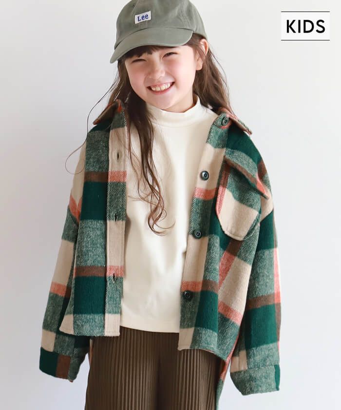日本 COCA - 男友風磨毛格紋襯衫外套-孩子-杏橘綠