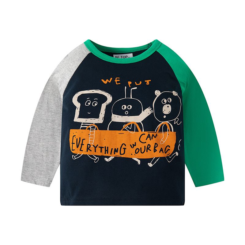 純棉圓領長袖上衣-吐司三兄弟-灰+深藍+綠