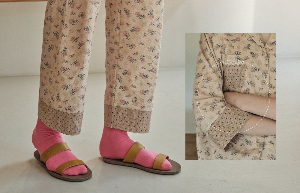 韓國 ULLALA - 圓點碎花長袖睡衣-(兩件式)-杏 (FREE)