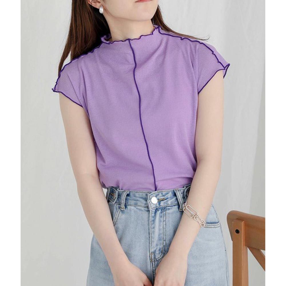 日本 Bab - 時尚縫線微立領法式袖上衣-紫