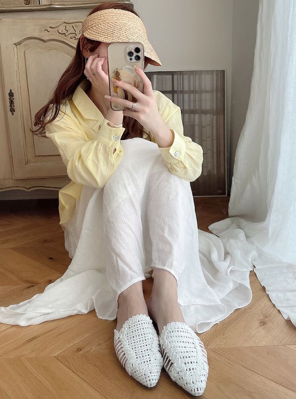 日本 GRL - 100%棉 翻領落肩透氣薄長袖襯衫-深海藍 (F)