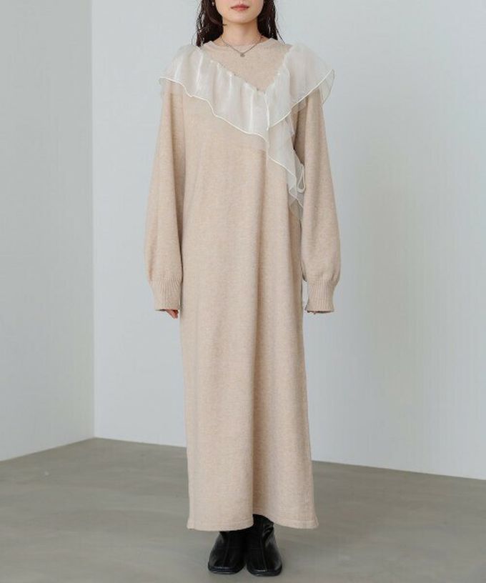 日本 Bab - 交叉薄紗荷葉柔美針織長袖洋裝-咖啡