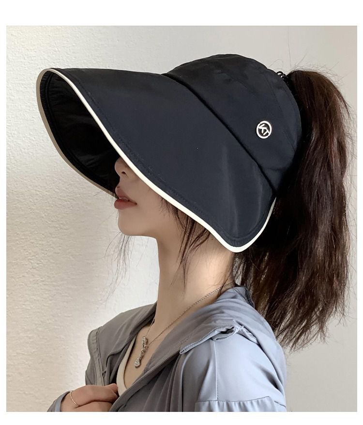 黑膠涼感防紫外線大帽簷空頂遮陽帽-可調節款-黑色