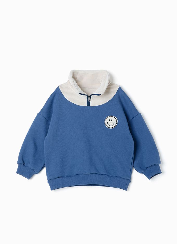 韓國 OZKIZ - 圓圓笑臉高領內磨毛長袖上衣-藍