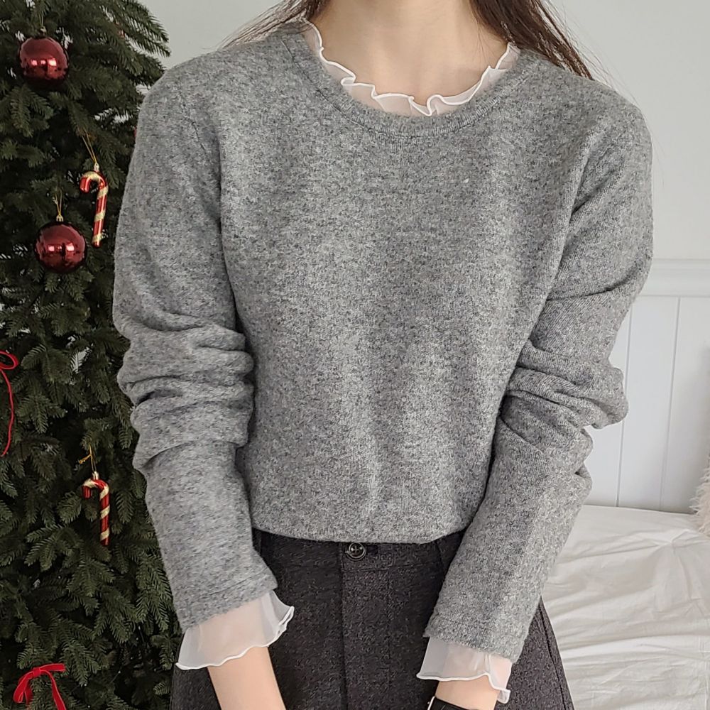 網紗荷葉邊裝飾混羊毛針織上衣-灰 (FREE)