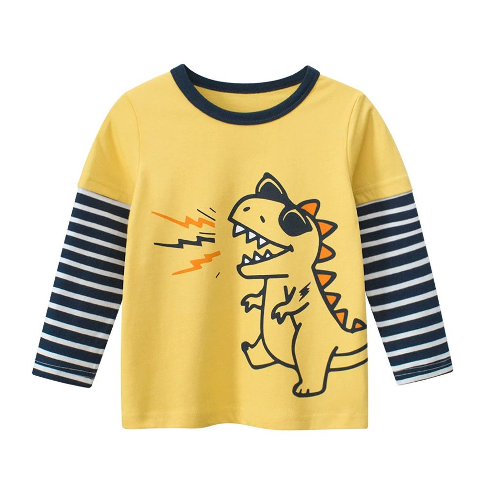 純棉假兩件長袖上衣-酷酷恐龍-黃色