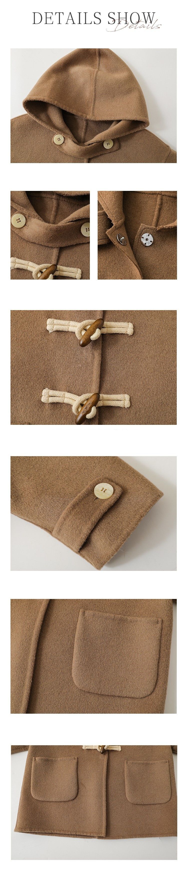 TONGMO - 加厚復古牛角釦連帽外套-駝色
