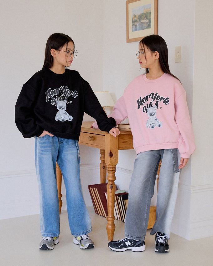 韓國 sm2 - (內磨毛)銀色小熊印長袖大學T-黑