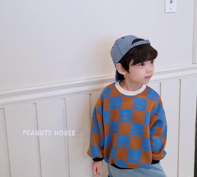 韓國 Peanuts House - 格紋方型臉印長袖針織上衣-黑X卡其