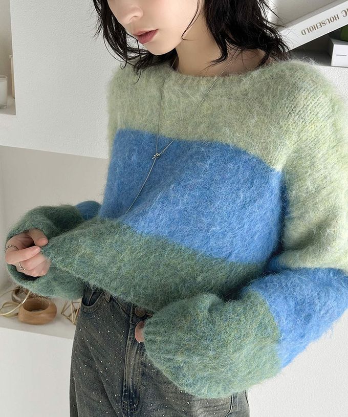 日本 Classical Elf - mily bilet 漸層毛海2way短版開襟衫-藍綠色系