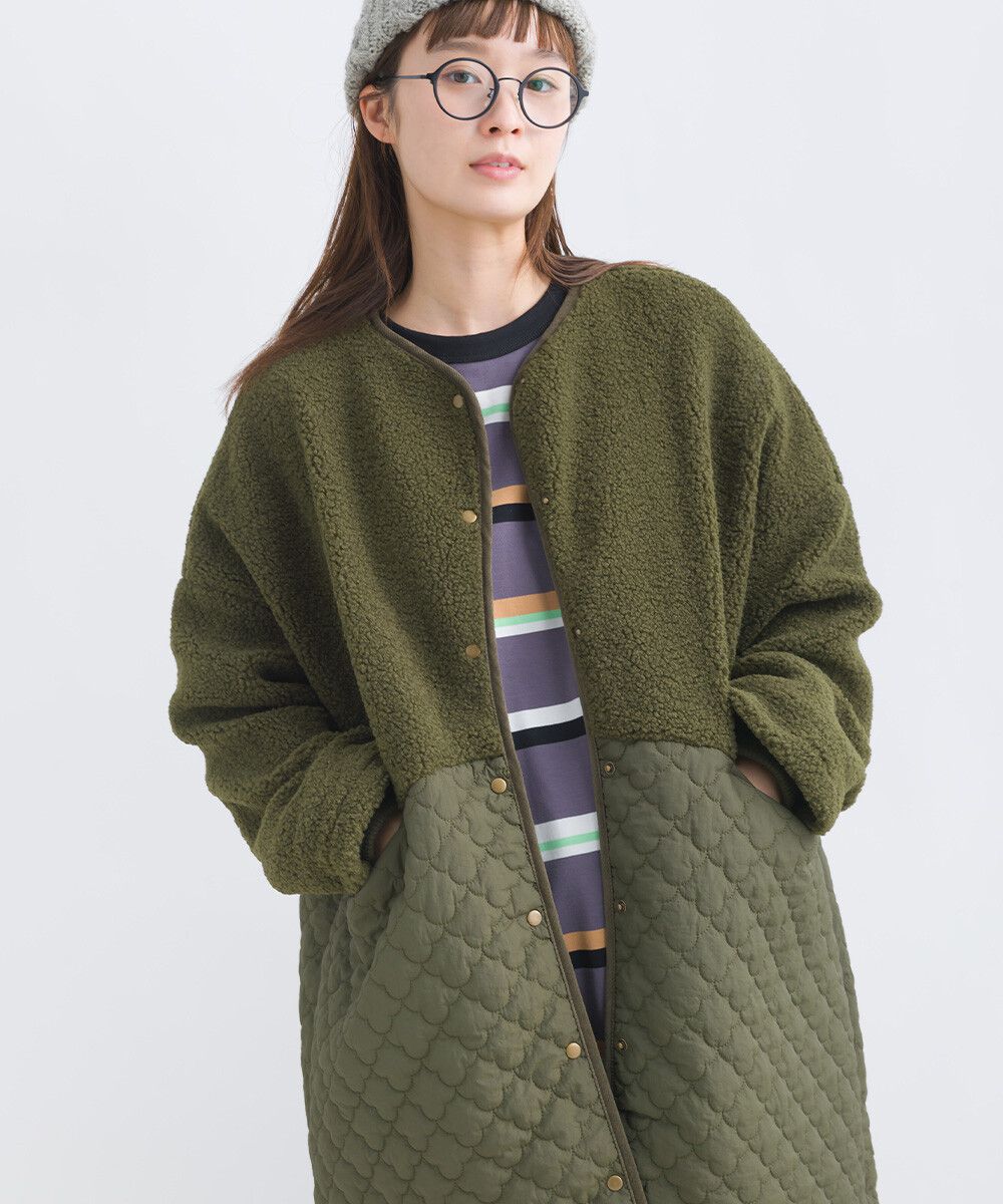 日本女裝代購 - 毛茸雲朵絎縫拼接長版鋪棉外套-軍綠