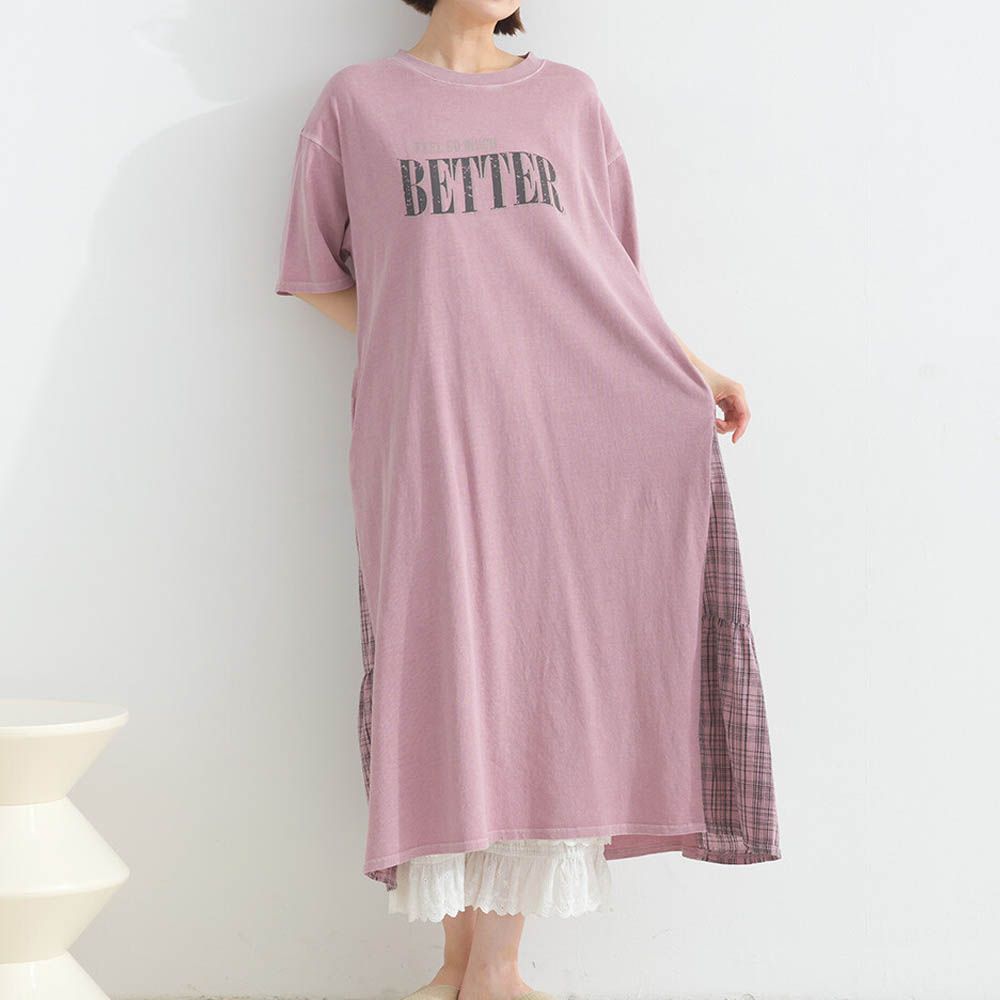 復古寬鬆格紋拼接短袖洋裝-BETTER-粉紅