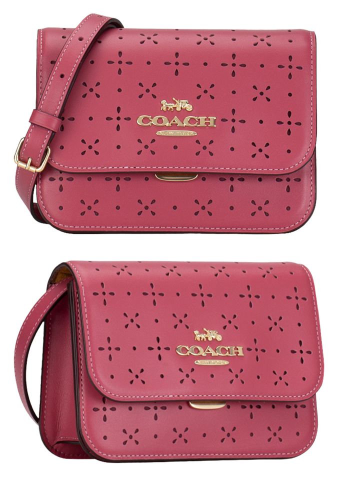 COACH - 鏤空花雕皮革斜背包 (莓紅)