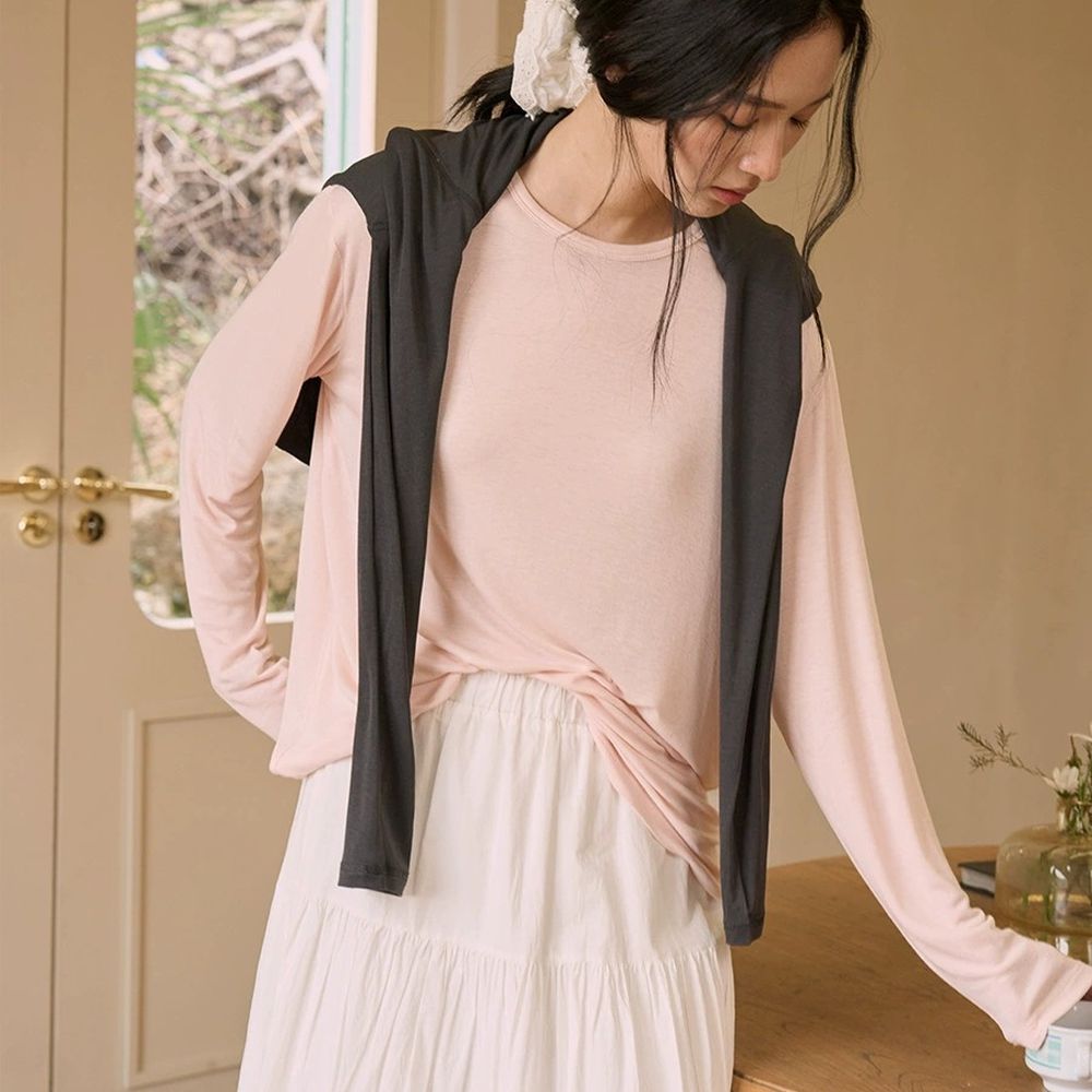 呼吸感6.3%羊毛天絲後背點綴線寬鬆長袖上衣-橘粉 (F)