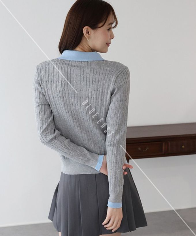 日本 BLUE EAST - 愛心扣雙色polp領麻花開襟衫-海軍藍