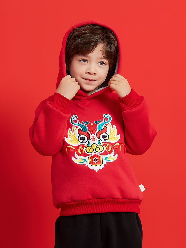 (加絨)喜氣拜年連帽長袖上衣-喜氣金龍-紅色