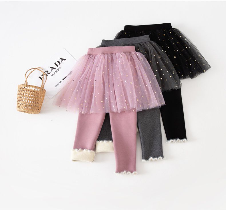 FANMOU - 加絨網紗亮片褲裙-星星月亮-灰色