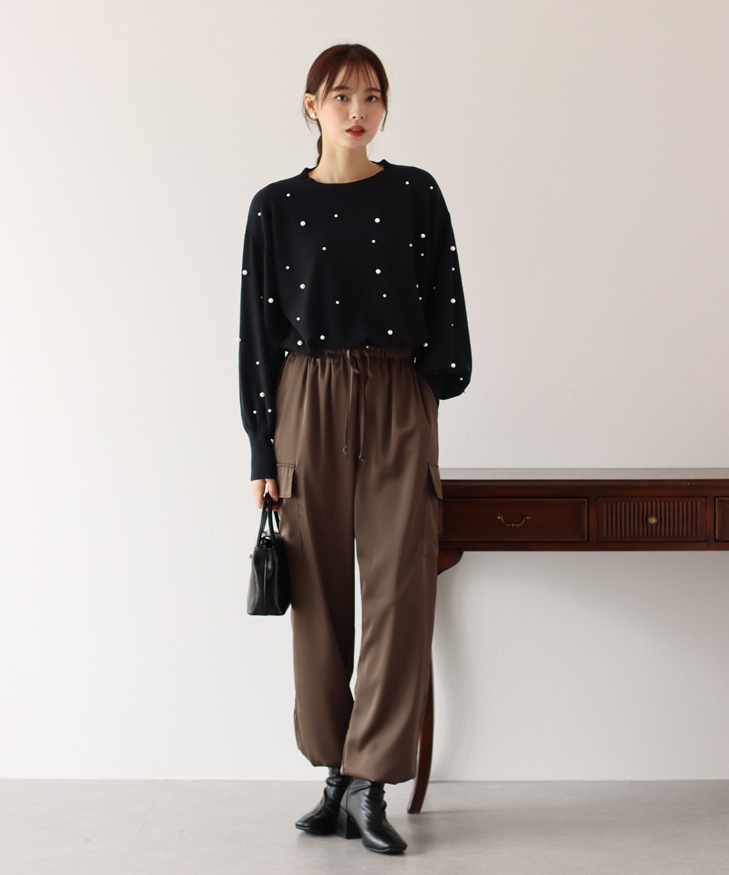 日本 BLUE EAST - 氣球袖珍珠注目針織上衣-粉紅