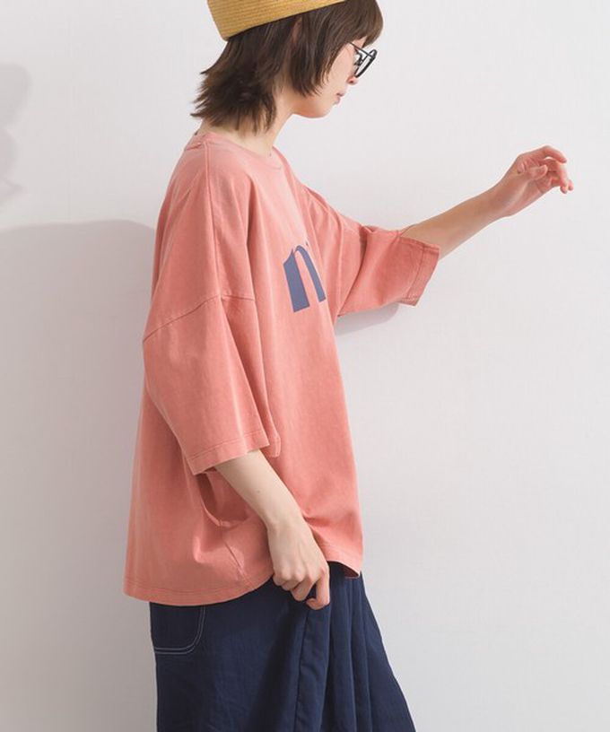 日本 Lupilien - 純棉復古刷色簡約落肩五分袖上衣-珊瑚橘