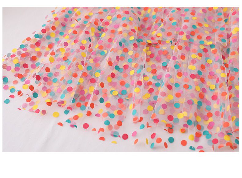 圓領短袖繽紛吊帶網紗蛋糕裙-圓點-白色-上衣+裙子