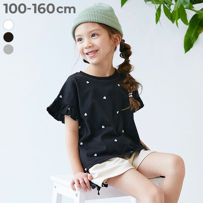 日本 devirock - 愛心印花荷葉邊短袖上衣-黑