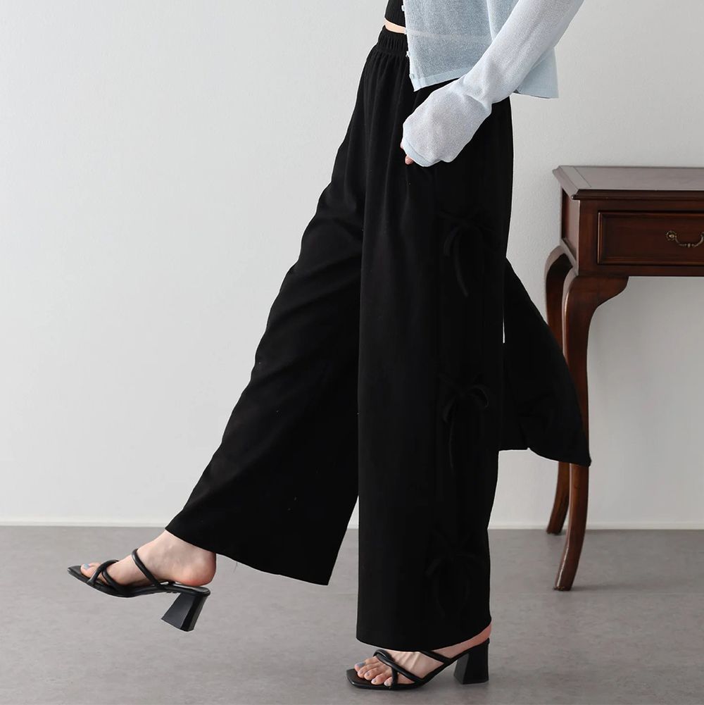 韓國製 率性甜心側綁帶休閒長褲-黑